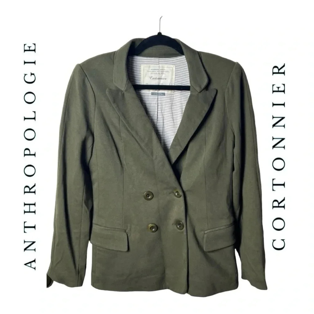 0437. ANTHROPOLOGIE CORTONNIER HUNTER GREEN BLAZER LONG‎ SLEEVES SHOULDER PADS